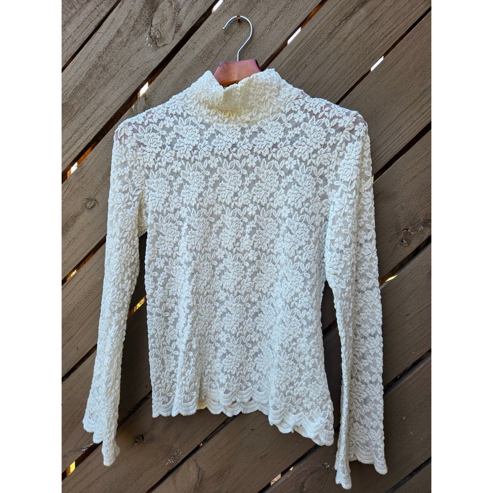 Mesh leaves stretchy cream colored victorian mock neck long sleeve shirt top